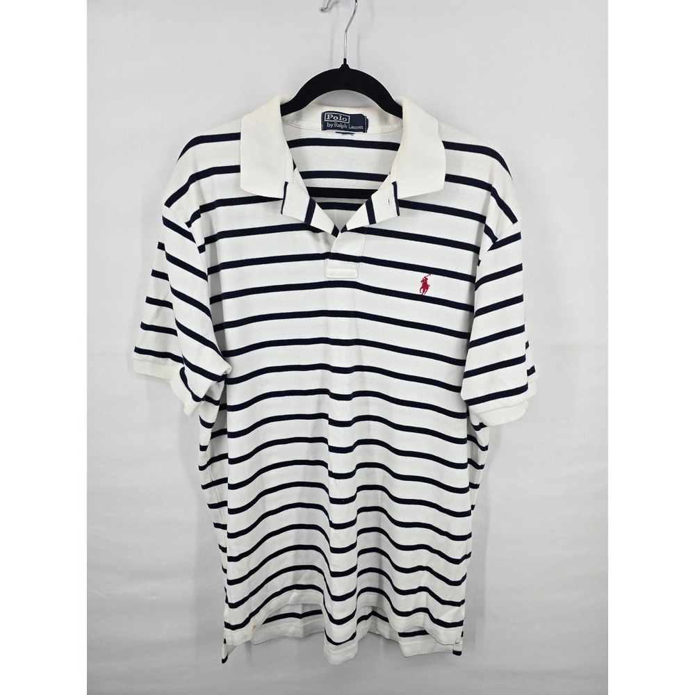 Polo Ralph Lauren Mens XXL Striped Polo Shirt Navy Blue White Short Sleeve Pony